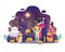 People in Halloween costumes carrying pumpkins celebrate Halloween night event Flat vector illustration