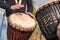 People hands playing music at djembe drums