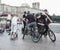 People hanging about, bikers gang hangout. Young boys hanging out at a skate place. Russia. Saint-Petersburg. Summer 2017