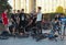 People hanging about, bikers gang hangout. Young boys hanging out at a skate place. Russia. Saint-Petersburg. Summer 2017