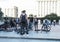 People hanging about, bikers gang hangout. Young boys hanging out at a skate place. Russia. Saint-Petersburg. Summer 2017