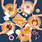 People have breakfast. Top view flat cartoon illustration of brunch meal. Morning food menu design elements