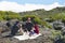 People have picnic at the Roche Plate volcanic rocks in Saint-Paul De La Reunion, France.