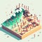 people having fun in the beach, isometric view, sea waves, 3d illustration