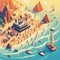people having fun in the beach, isometric view, sea waves, 3d illustration