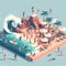 people having fun in the beach, isometric view, sea waves, 3d illustration