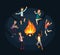 People having fun and dancing near fire illustration. Night party in nature joyful teenagers lead merry round dance near