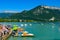 People having fun on Lake Annecy, Europe`s cleanest lake, in Haute-Savoie department, France