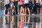 People having fun in a mirror fountain in Bordeaux, France