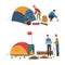 People having hiking trip and camping near bonfire cartoon vector illustration
