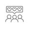 People with hearts in chat bubble line icon. Client satisfaction, happy customers, positive feedback, like symbol