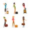 People with Heavy Luggage, Trunk and Suitcase Traveling Vector Set