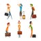 People with Heavy Luggage, Trunk and Suitcase Traveling Vector Set