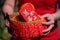 People held the Orange basket With Blessing Red envelope for Chinese New Year Gifts