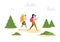 People Hiking Backpack Forest Nature Landscape. Man Woman Walk in Summer Park. Weekend Adventure Camping. Couple