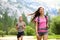 People hiking - happy hikers in Yosemite mountains