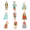 People in historical costumes of the 18th century. Rococo people fashion cartoon vector illustration
