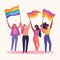 People hold flags and signs of LGBT society support homosexual and transgender community. Person raise hands up on gay parade.