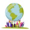 People holding Earth planet. Vector Save Earth Day illustration. Tiny men and women hold world globe on hands