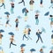 People holding umbrella, walking outdoor in rainy spring or fall day. Man, woman in raincoat seamless pattern