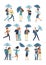 People holding umbrella, walking outdoor in rainy spring or fall day. Man, woman in raincoat under rain vector flat