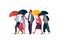 People holding umbrella, walking under the rain. Man and woman autumn characters vector illustration.