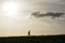 People on the horizon of meadow during sunset.