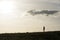 People on the horizon of meadow during sunset.