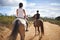 People, horse and countryside for horseback riding in texas, rider and sport training for performance. Farm, rural and