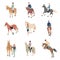 People on horseback. A rider on a horse. Horse breeds color flat icons set.