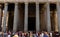 People infront of Pantheon roman temple and catholic church in rome Italy.