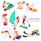 People involved in popular and new water sports flat characters set. Color vector illustration
