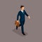 People Isometric 3D businessman in a hurry, there is a fast pace with a briefcase isolated on a dark background of a noble