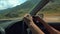 People journey driving vehicle car travel road trips with beautiful sun light in mountains, hand driver control steering