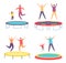 People jump on trampoline. Young man and woman and kids having fun and bouncing. Parent and kid leading active lifestyle
