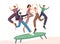 People jumping on trampoline flat vector illustration. Positive experience concept. Group of young friends having fun
