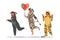 People in Kigurumi Pajamas, Young Men and Women Wear Animal Costumes Donkey, Zebra and Tiger with Balloons Celebrate