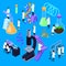 People in lab isometric vector scientists researching in laboratory. Illustration set of professional chemists and