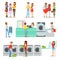 People At The Laundry, Dry Cleaning And Tailoring Service Set Of Smiling Cartoon Characters
