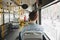 People, lifestyle, travel and public transport. Asian man standing inside city bus.