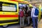 People in line at an ambulance waiting for a virus test