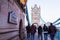 People on London`s Tower bridge, an iconic symbol of London, England.