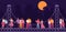 People look at full moon. Couples stand on bridge at night, evening city and romantic dates vector concept