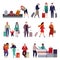 People with luggage. Travelling couple holding child and person together with suitcase, tourist and traveler isolated