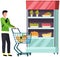 People make purchases, choose goods, buy products in supermarket, grocery store, shop with food