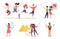 People make selfie. Men and women taking photo on smartphone camera, friends using selfie stick. Characters vector set