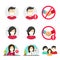 People in medical face surgery mask icons set or person characters in medicine respirators signs to protect from flu