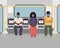 People in medical masks sitting in the subway at a safe distance, the concept of social distance. flat vector illustration