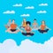 People meditate in pose lotus, soar in cloud sky