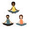 People meditate. Women of different nationalities and a man doing yoga.